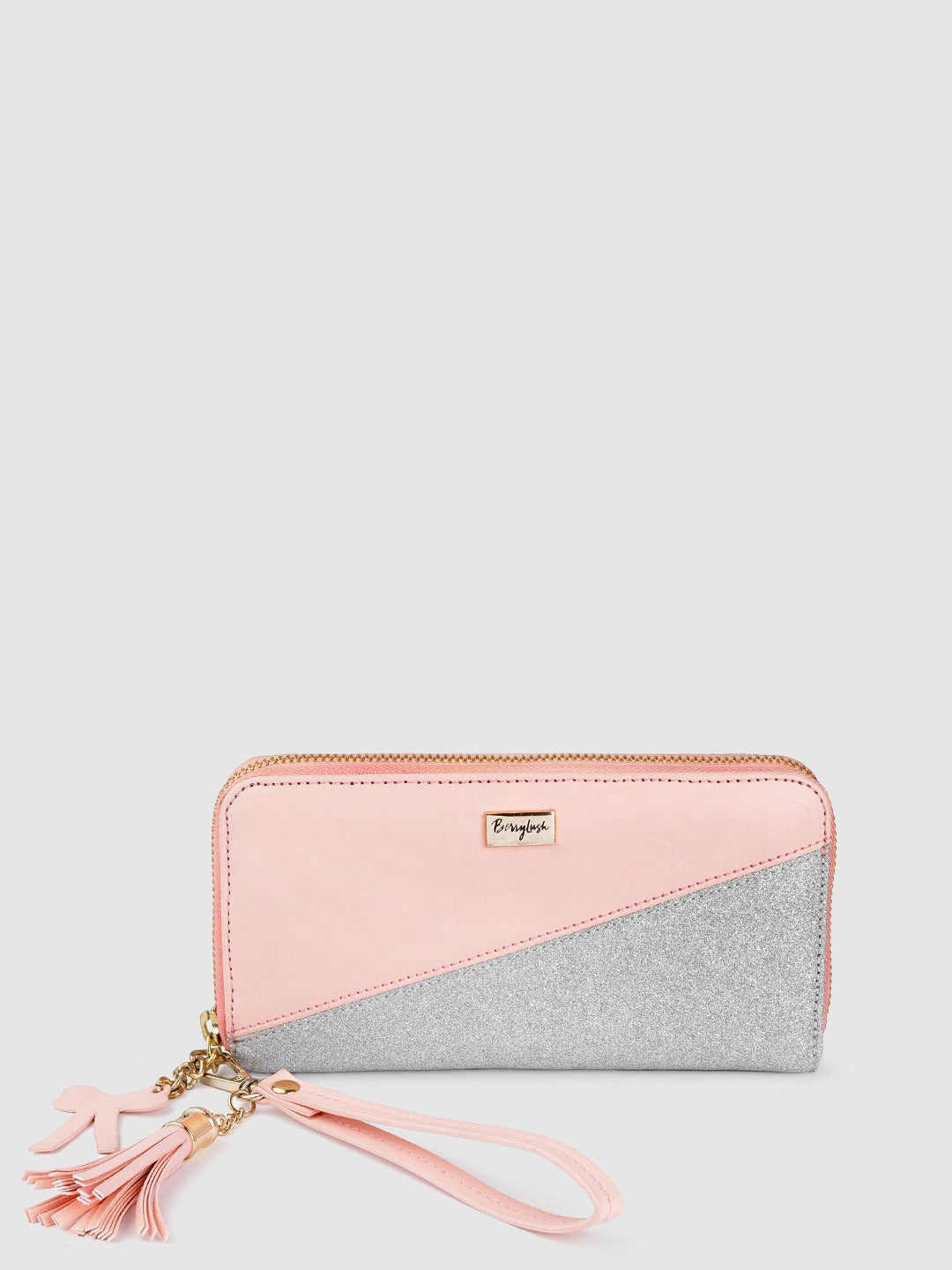 Berrylush Women Pink & Silver Colourblocked Pattern PU Zipper Tasselled Around Long Wallet - Image 2