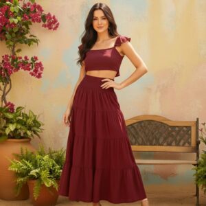 Solid Maroon Square Neckline Cap Sleeves Cropped Top & Smocked Maxi Skirt Co-Ord Set