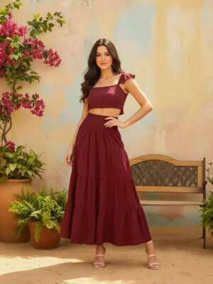 Solid Maroon Square Neckline Cap Sleeves Cropped Top & Smocked Maxi Skirt Co-Ord Set