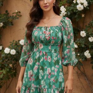 Green Floral Print Square Neck Ruffles A-Line Mini Dress