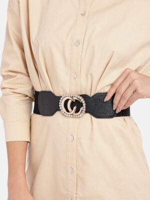 Women Solid Black Interlock Stretchable Wide Belt