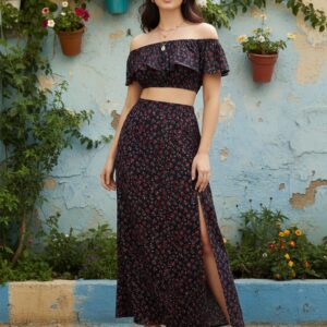 Berrylush Women Navy Blue Floral Off-Shoulder Co-Ordinate Maxi Dress