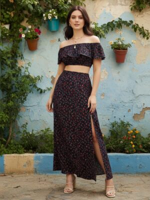 Women Navy Blue Floral Off-Shoulder Co-Ordinate Maxi Dress