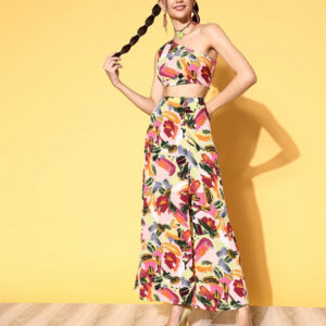 Berrylush Women Pink Abstract Printed One-Shoulder Neck Thigh-High Slit Maxi Co-Ordinate Set