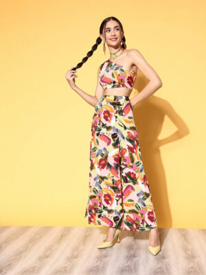 Women Pink Abstract Printed One-Shoulder Neck Thigh-High Slit Maxi Co-Ordinate Set