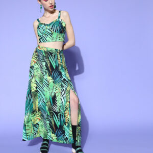 Berrylush Women Green & Yellow Floral Printed Sweetheart Neck Thigh-High Slit A-Line Maxi Co-Ordinate Set