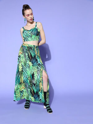 Women Green & Yellow Floral Printed Sweetheart Neck Thigh-High Slit A-Line Maxi Co-Ordinate Set