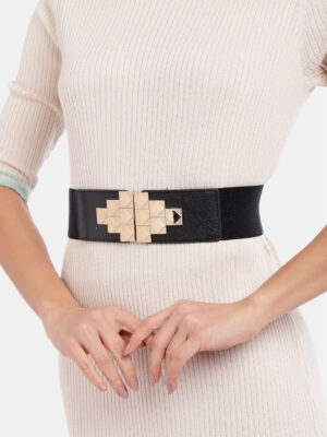 Women Black Elastic Strap Golden Concho Buckle Belt