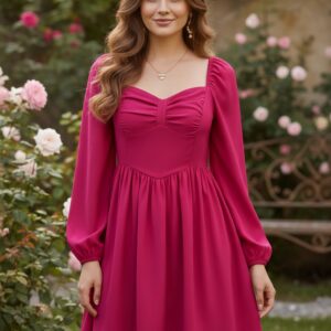 Solid Pink Sweetheart Neck Puff Sleeves Back Zipper-Up Pleated Fit & Flare Mini Dress
