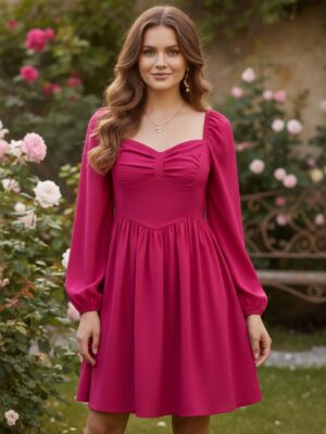 Solid Pink Sweetheart Neck Puff Sleeves Back Zipper-Up Pleated Fit & Flare Mini Dress