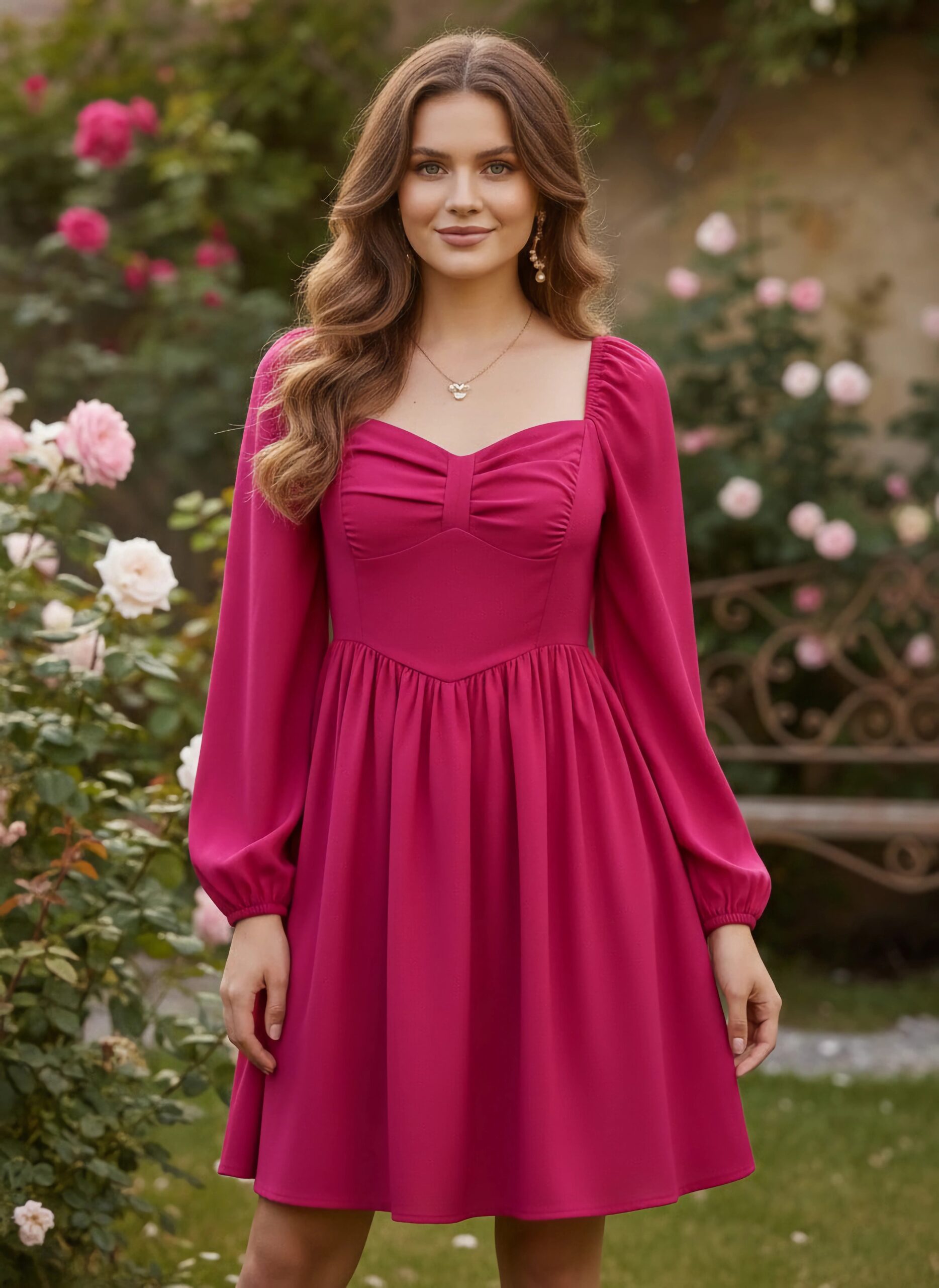Solid Pink Sweetheart Neck Puff Sleeves Back Zipper-Up Pleated Fit & Flare Mini Dress