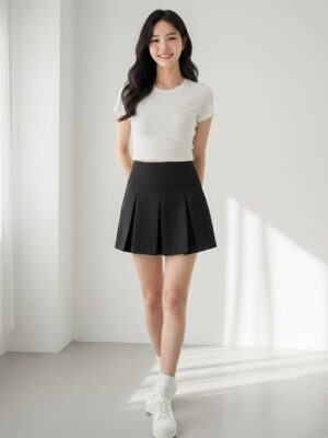 Black Solid High Rise A-Line Pleated Mini Skirt
