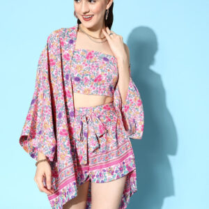 Berrylush Women Pink Floral Printed Crop Top & Tie-Up Front Shorts With Kimono