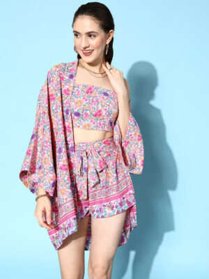 Women Pink Floral Printed Crop Top & Tie-Up Front Shorts With Kimono