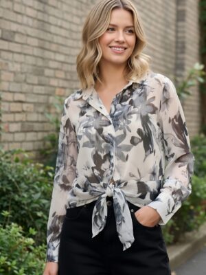 Black Floral Print Spread Collar Long Sleeve Regular Shirt