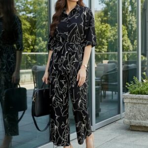 BIZwear Black & White Abstract Printed Shirt Collar Neck Tie-Up Belted Top & Wide Leg Pants Set
