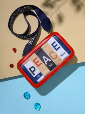Blue & Red Typography Printed PU Detachable Sling Strap Applique Structured Sling Bag