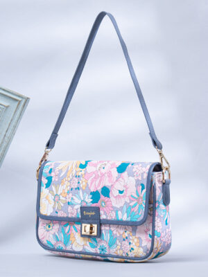 Blue & Pink Floral Printed Cotton Detachable Sling Strap Structured Shoulder Bag