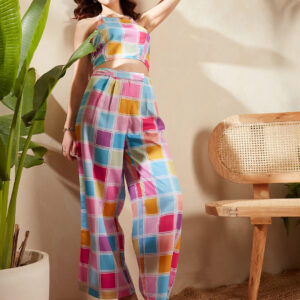 Blue, Pink, & White Colourblock Printed Halter Neckline Tie-Up Backless Cropped Top & Wide Leg Pants Co-Ord Set