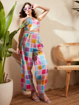 Blue, Pink, & White Colourblock Printed Halter Neckline Tie-Up Backless Cropped Top & Wide Leg Pants Co-Ord Set