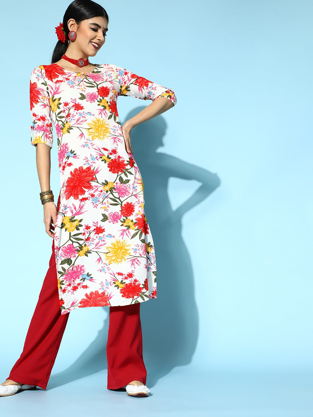Berrylush Women White & Red Floral Printed Keyhole Neck Side-Slited Straight Calf Length Kurta - Image 2