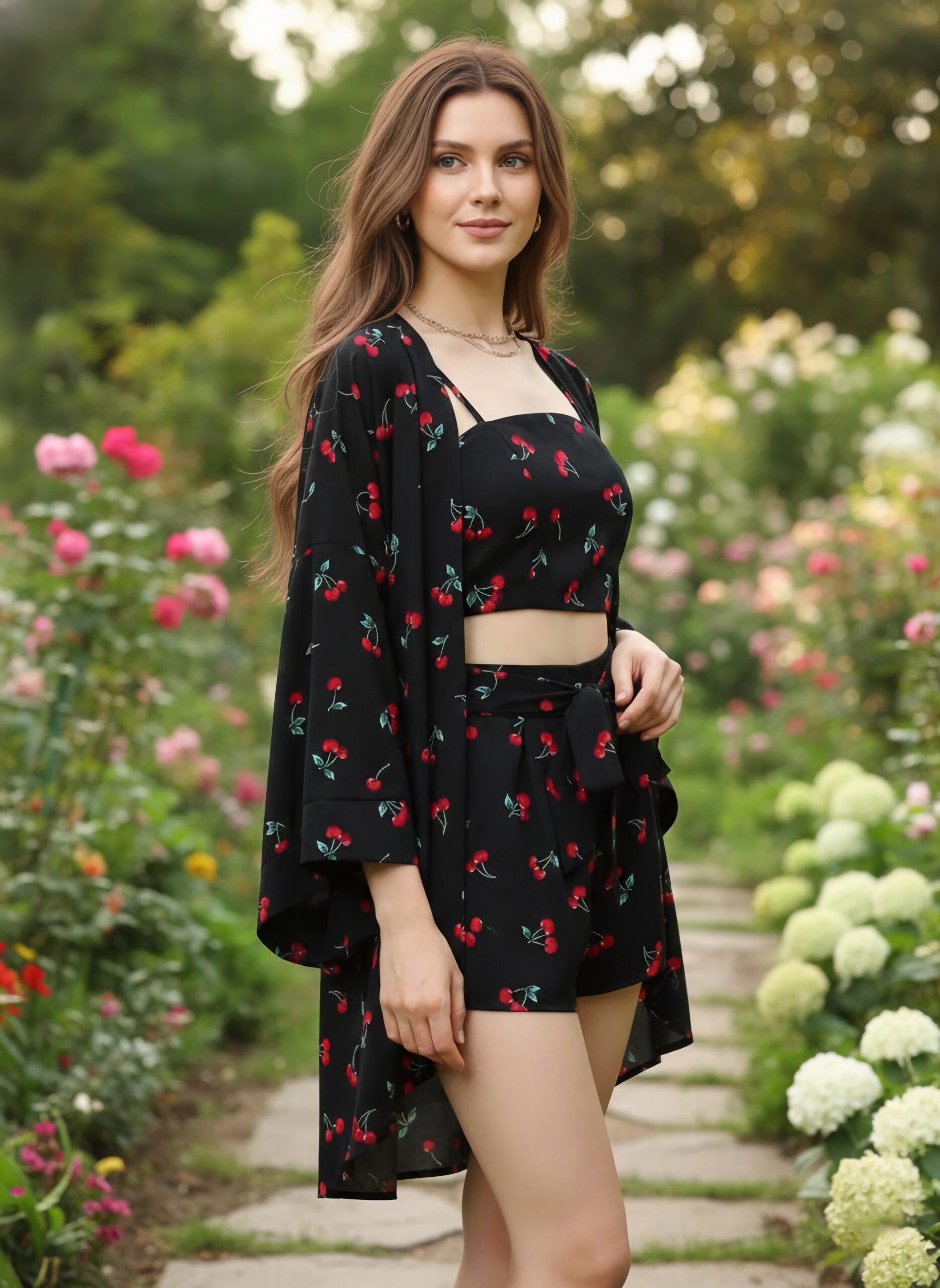 Berrylush Women Black & Red Cherry Printed Square Neck Crop Top & Tie-Up Front Shorts With Shrug - Image 2