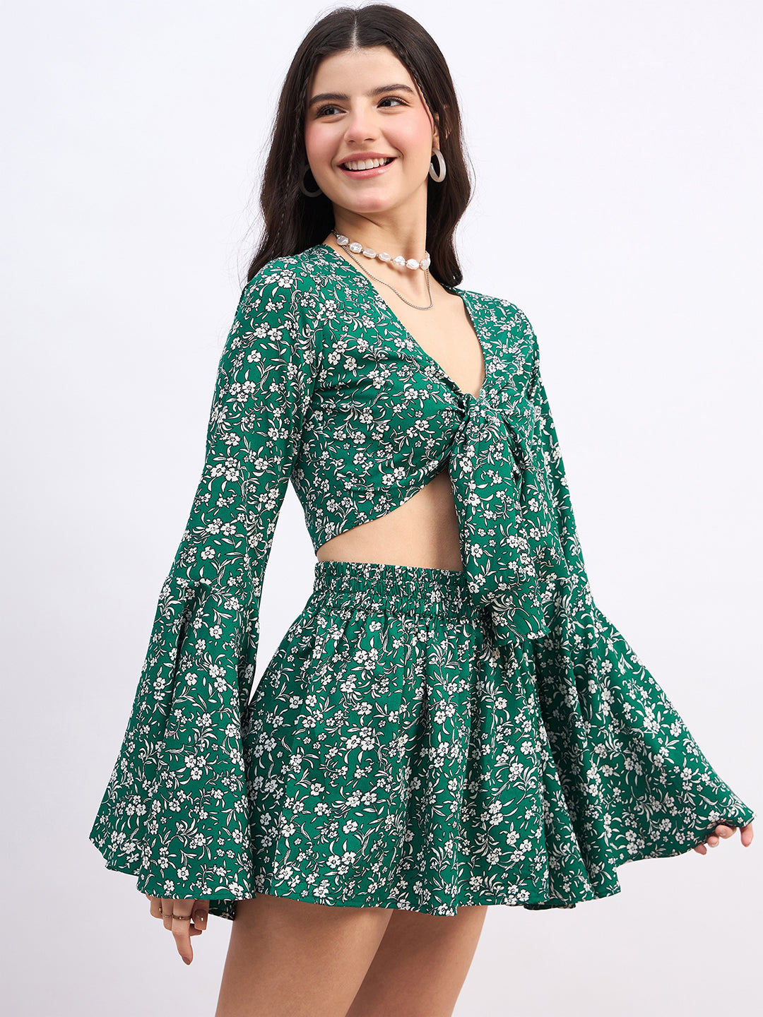 Green & White Floral Printed V-Neck Bell Sleeves Front Tie-Up Cropped Top & High-Rise Elastic Waist Flared Mini Skirt Co-Ord Set - Image 2