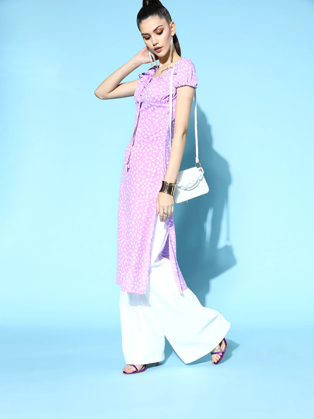 Berrylush Women Lavender & White Abstract Printed Tie-Up Neck Side Slited Calf Length Kurta - Image 2