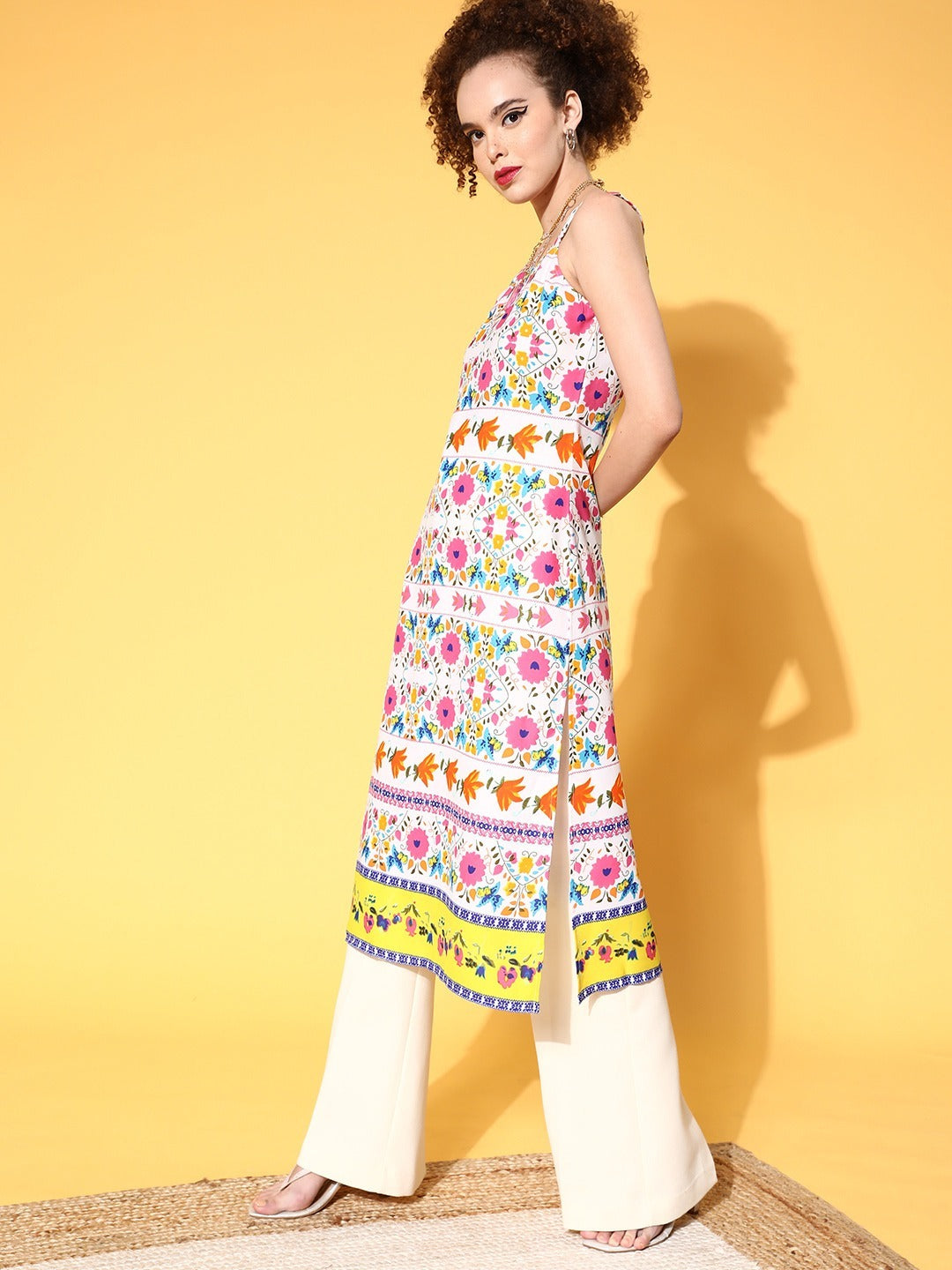Berrylush Women White & Pink Ethnic Motif Printed Halter Neck Side Slited Straight Kurta - Image 2
