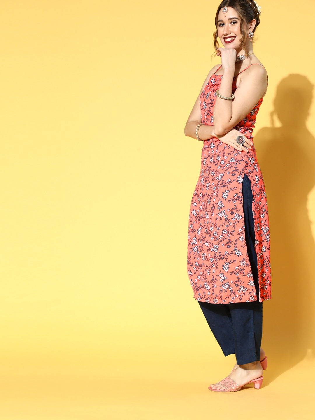 Berrylush Women Peach & Navy Blue Floral Printed Square Neck Side Slited Straight Calf Length Kurta - Image 2
