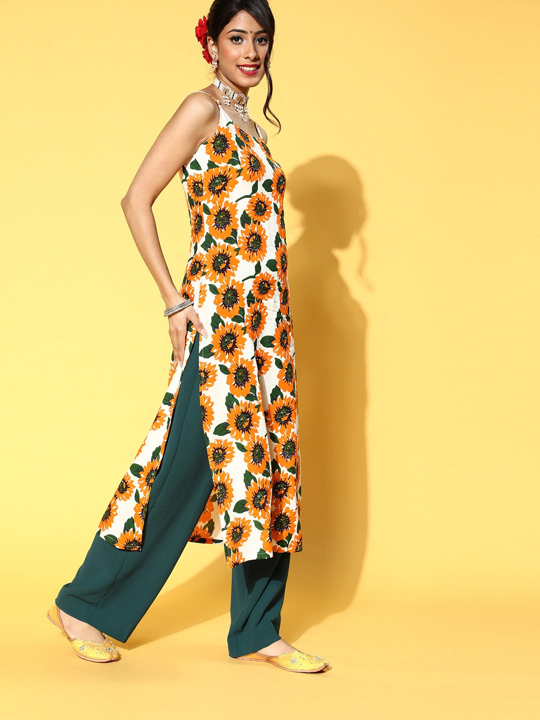 Berrylush Women White & Mustard Yellow Sunflower Printed Round Neck Side-Slit Calf Length Kurta - Image 2