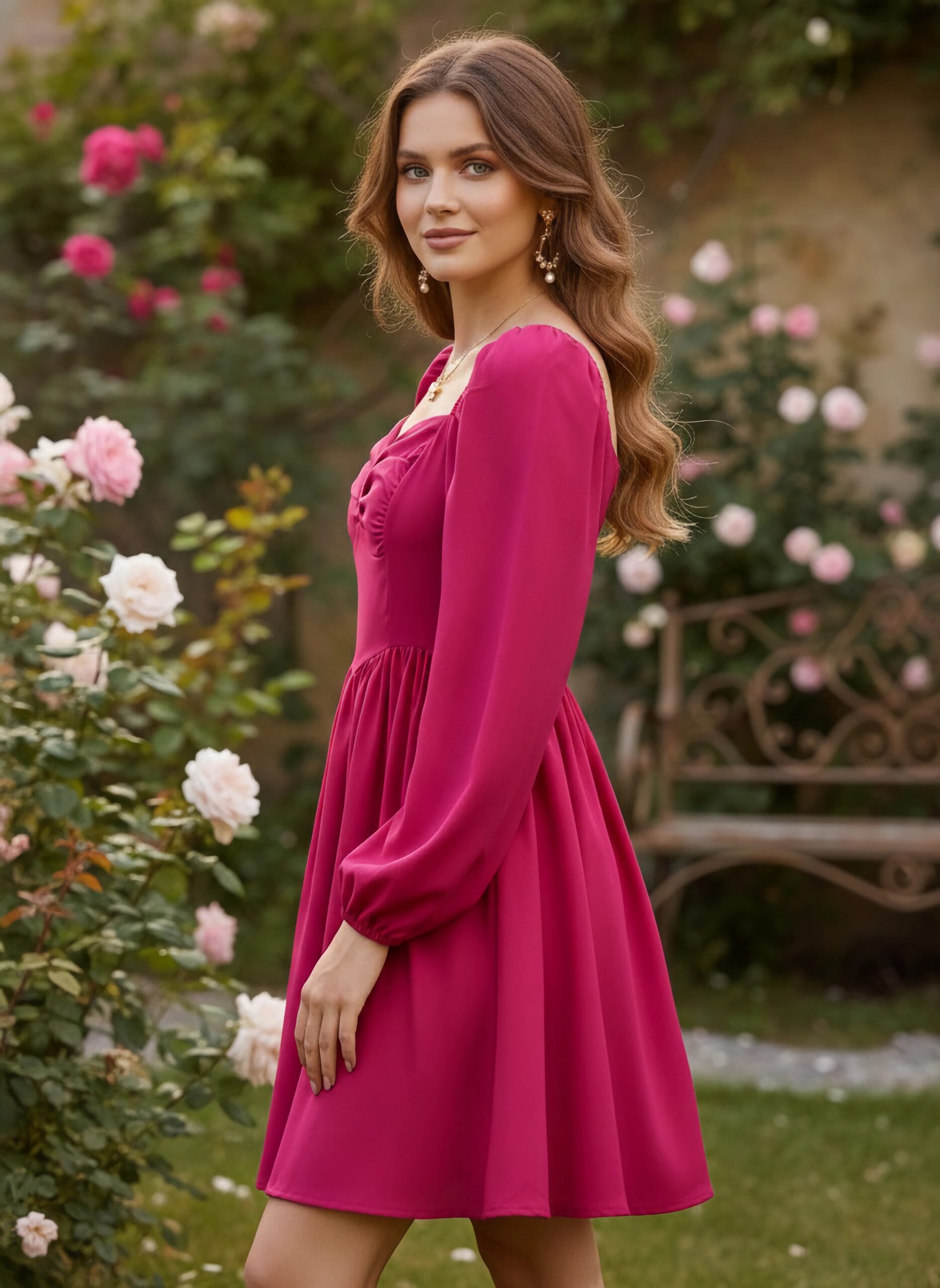 Solid Pink Sweetheart Neck Puff Sleeves Back Zipper-Up Pleated Fit & Flare Mini Dress - Image 2