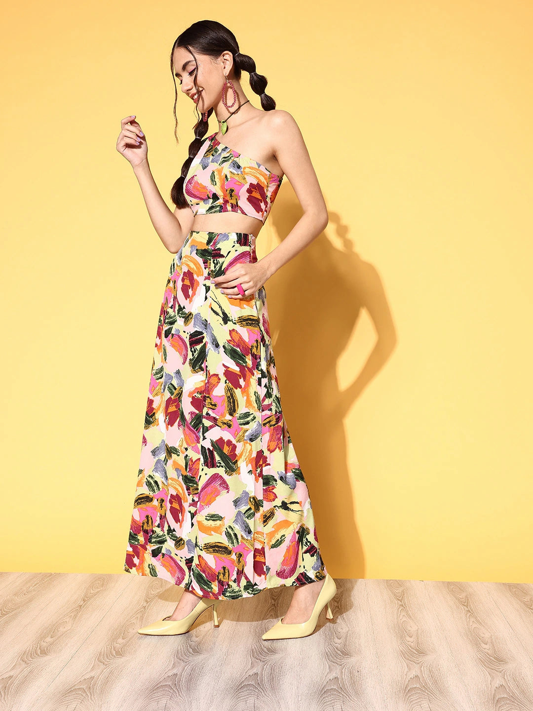 Berrylush Women Pink Abstract Printed One-Shoulder Neck Thigh-High Slit Maxi Co-Ordinate Set - Image 2