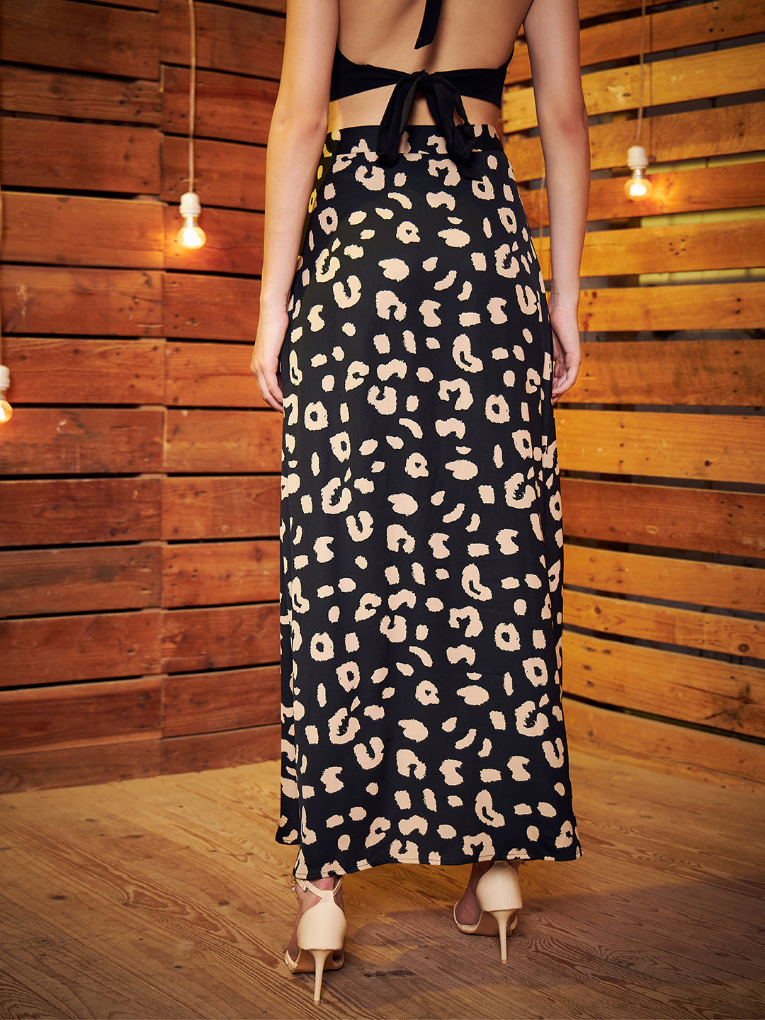 Black & Beige Animal Print High-Rise Waist Thigh-High Slit Flared A-Line Midi Skirt - Image 3