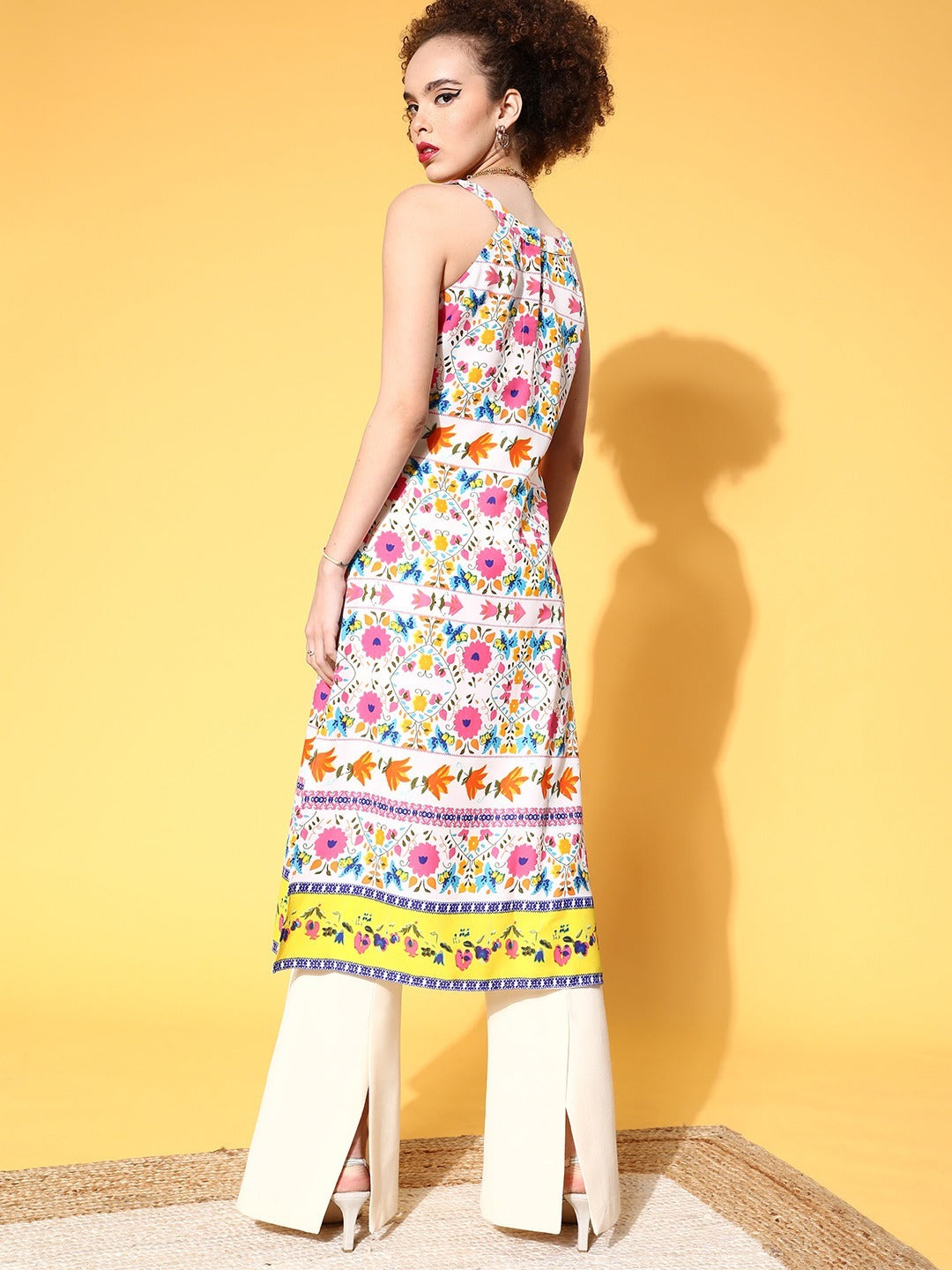 Berrylush Women White & Pink Ethnic Motif Printed Halter Neck Side Slited Straight Kurta - Image 3