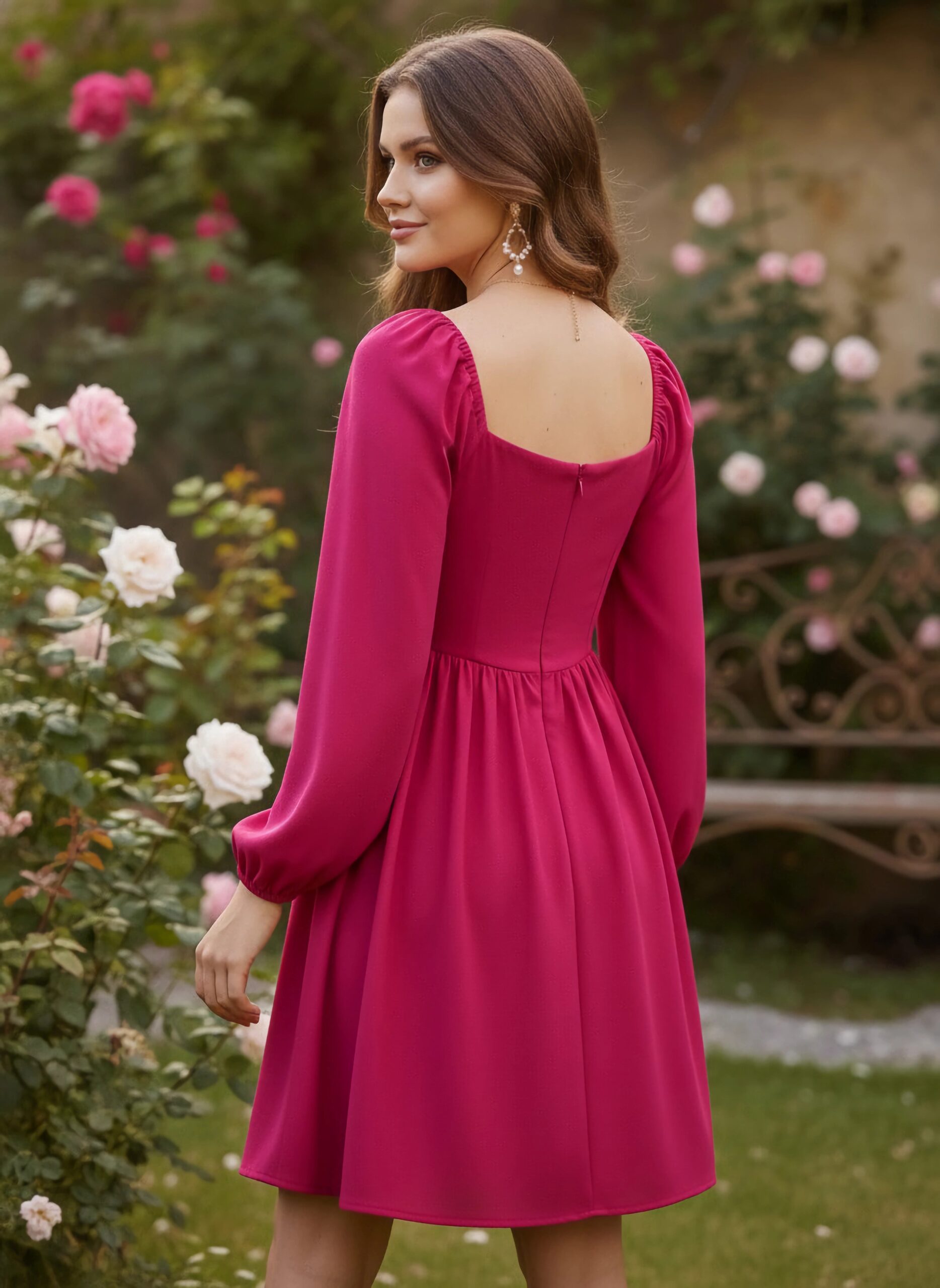 Solid Pink Sweetheart Neck Puff Sleeves Back Zipper-Up Pleated Fit & Flare Mini Dress - Image 3
