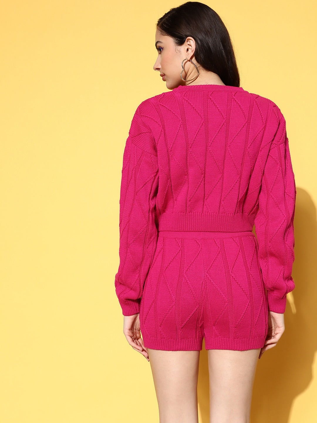 Berrylush Women Solid Pink Round Neck Acrylic Slip-On Knitted Top & Shorts Co-Ord Set - Image 3