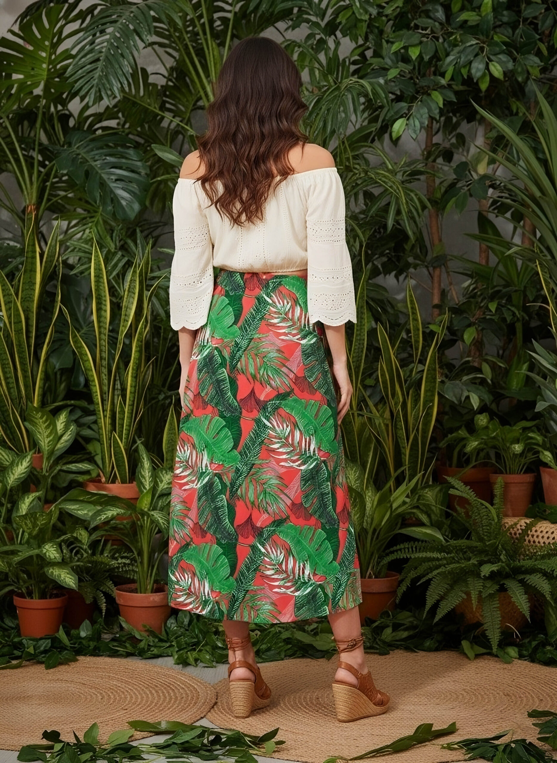 Red & Green Tropical Printed High-Rise Waist Straight Hem Thigh-High Slit A-Line Maxi Skirt - Image 3