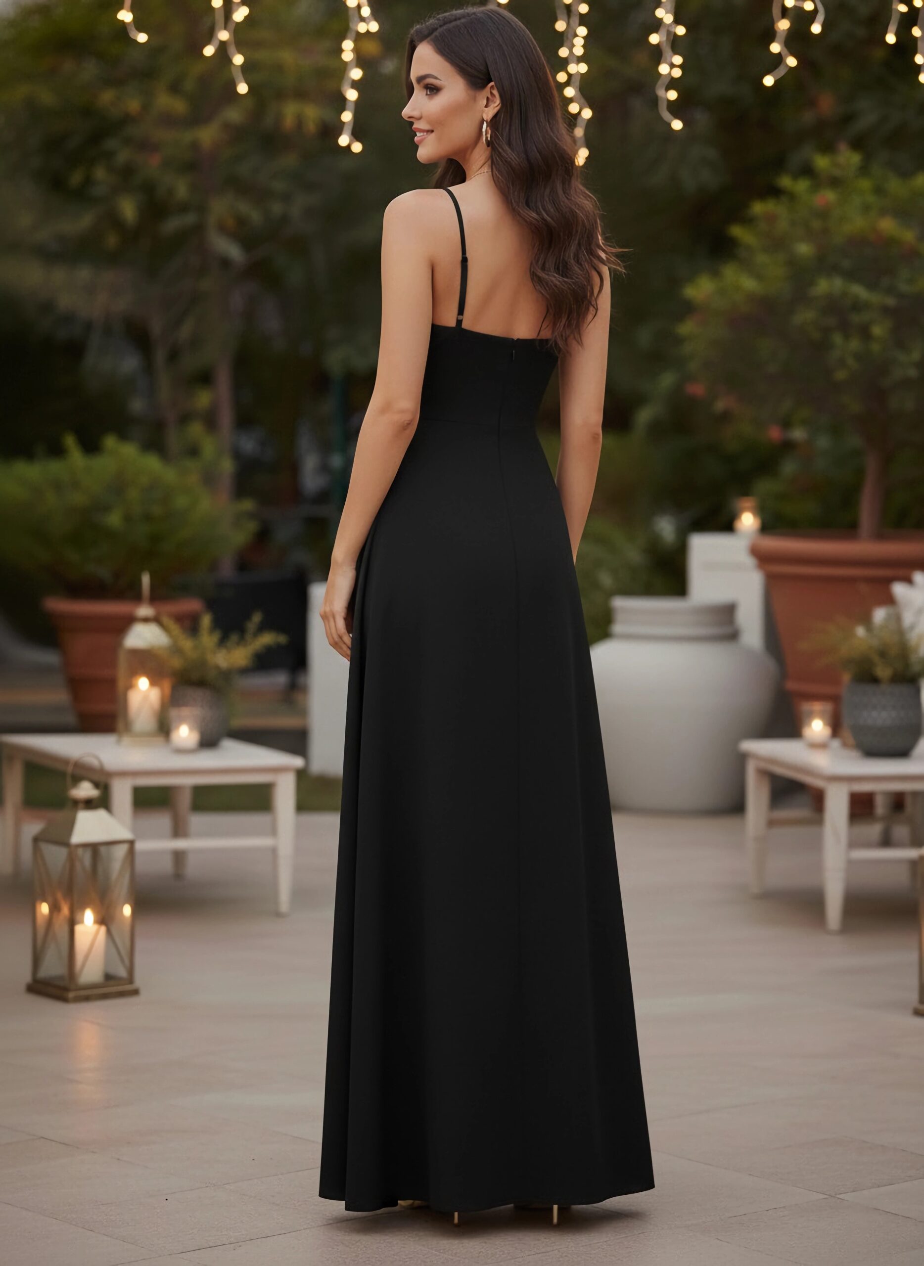 Berrylush Women Solid Black V-Neck Sleeveless Crepe Thigh-High Slit A-Line Maxi Dress - Image 3