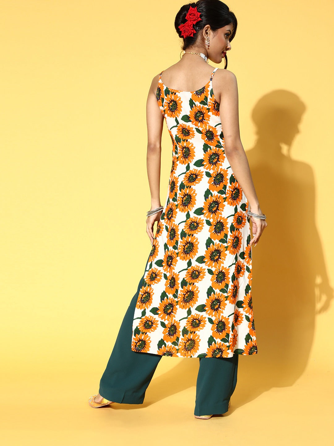 Berrylush Women White & Mustard Yellow Sunflower Printed Round Neck Side-Slit Calf Length Kurta - Image 3