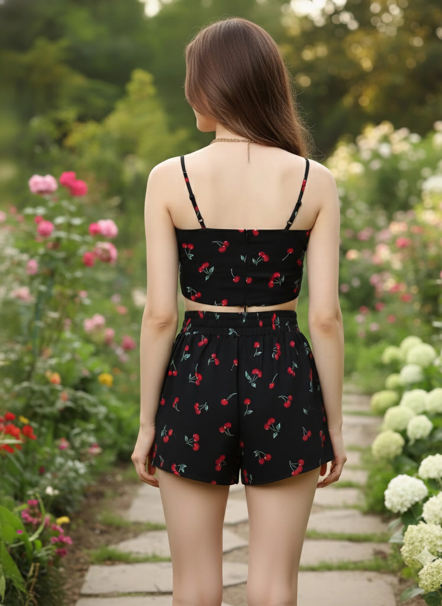 Berrylush Women Black & Red Cherry Printed Square Neck Crop Top & Tie-Up Front Shorts With Shrug - Image 3