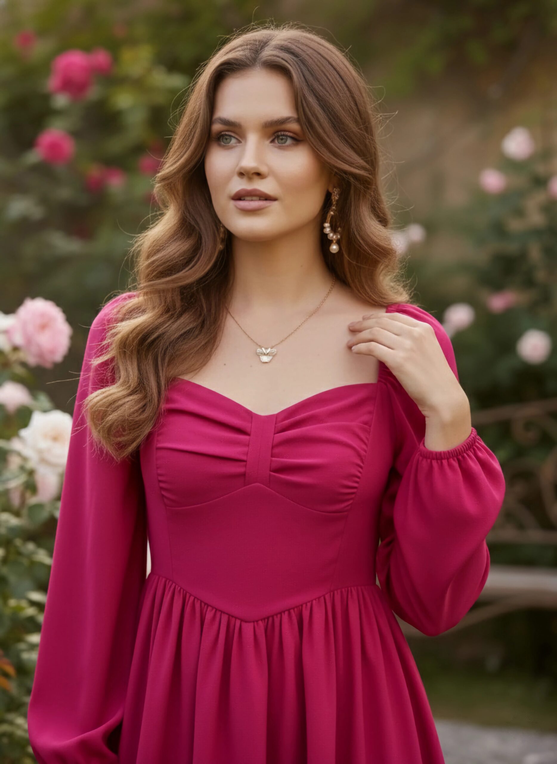Solid Pink Sweetheart Neck Puff Sleeves Back Zipper-Up Pleated Fit & Flare Mini Dress - Image 4