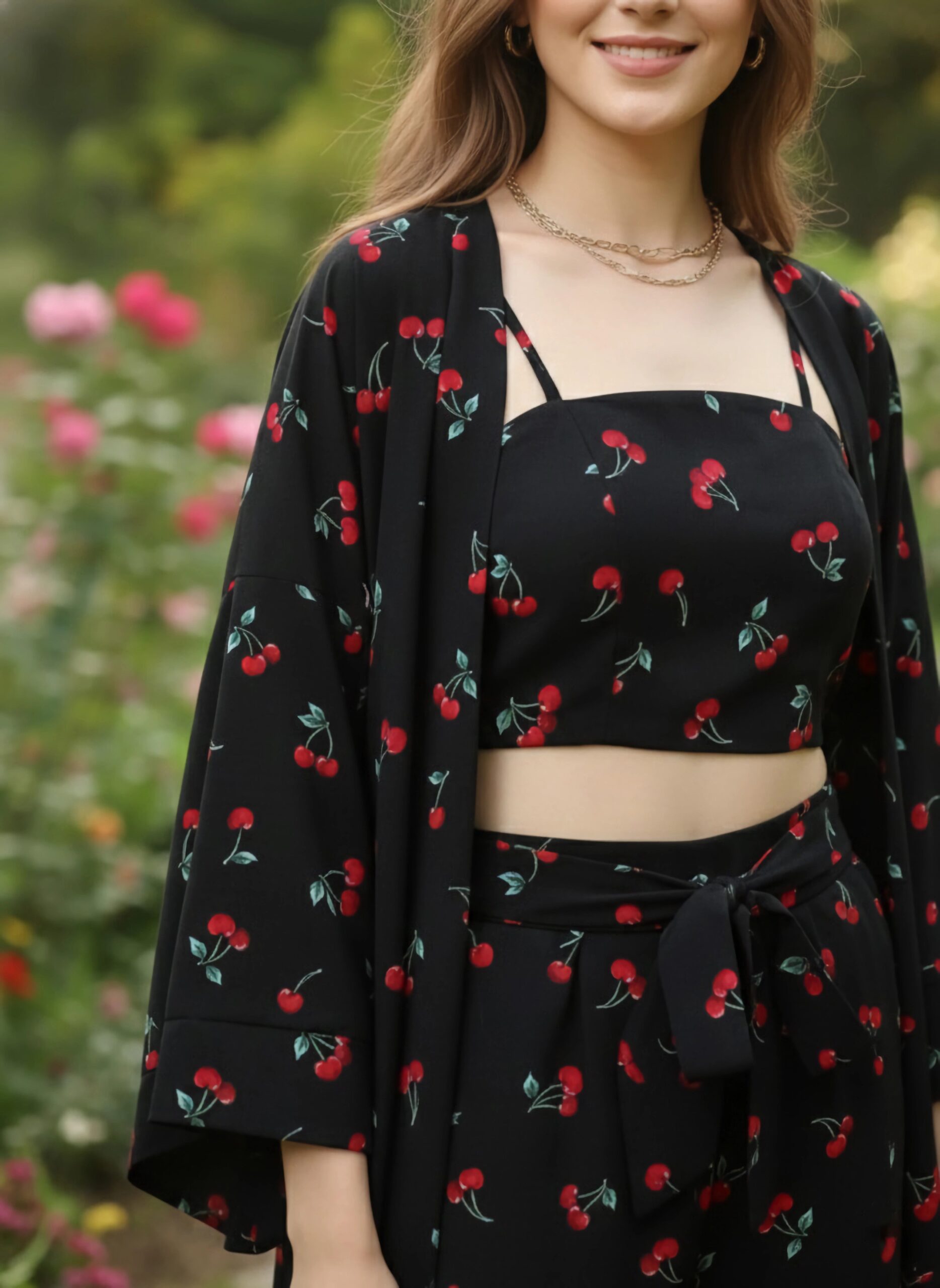 Berrylush Women Black & Red Cherry Printed Square Neck Crop Top & Tie-Up Front Shorts With Shrug - Image 4