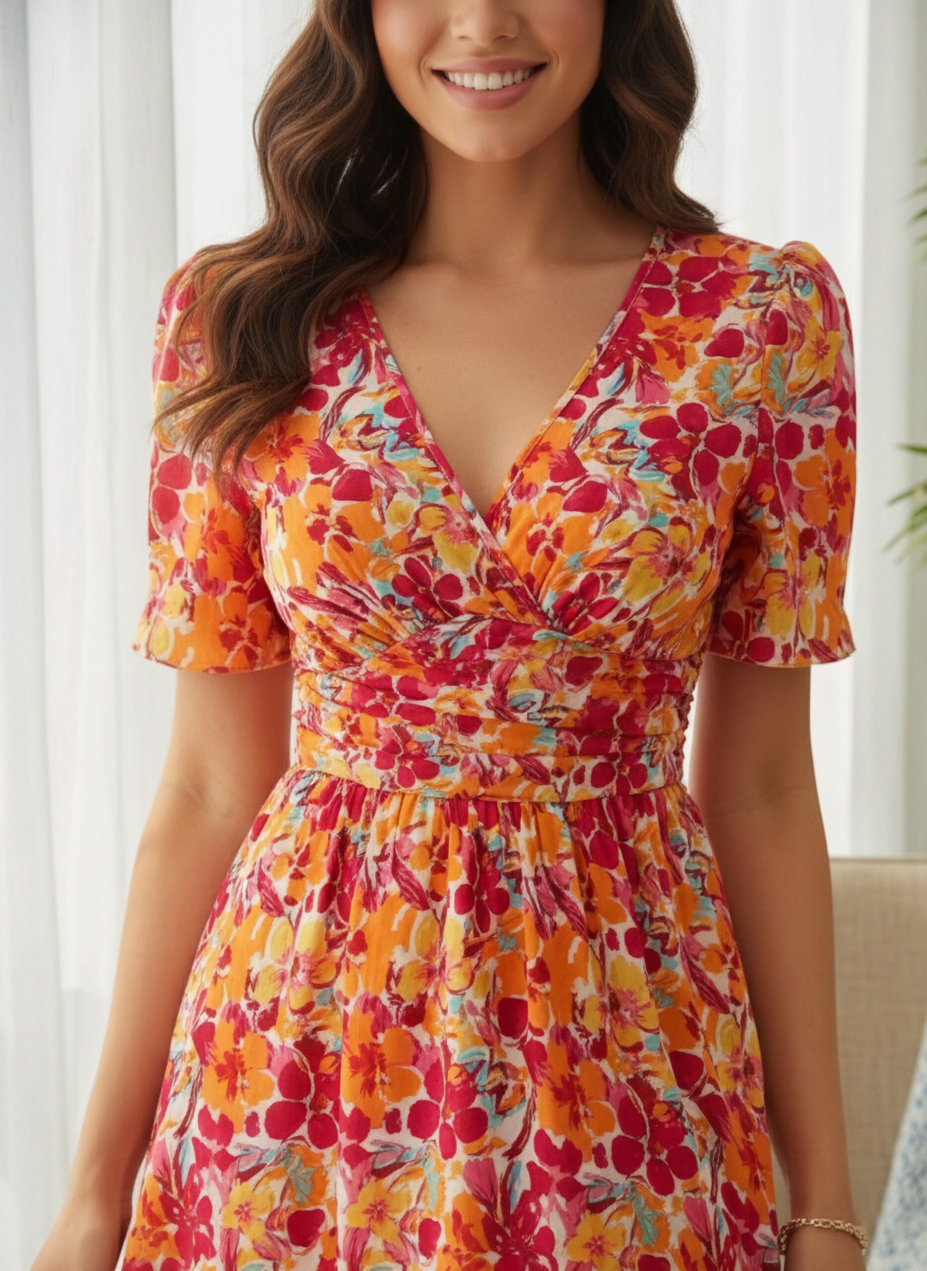 Red Floral Printed V-Neck Short Sleeve Fit & Flare Mini Dress - Image 4