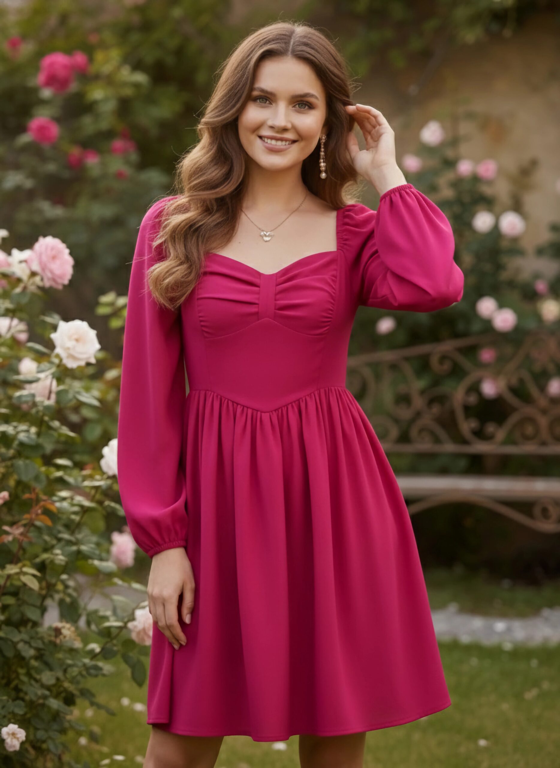 Solid Pink Sweetheart Neck Puff Sleeves Back Zipper-Up Pleated Fit & Flare Mini Dress - Image 5