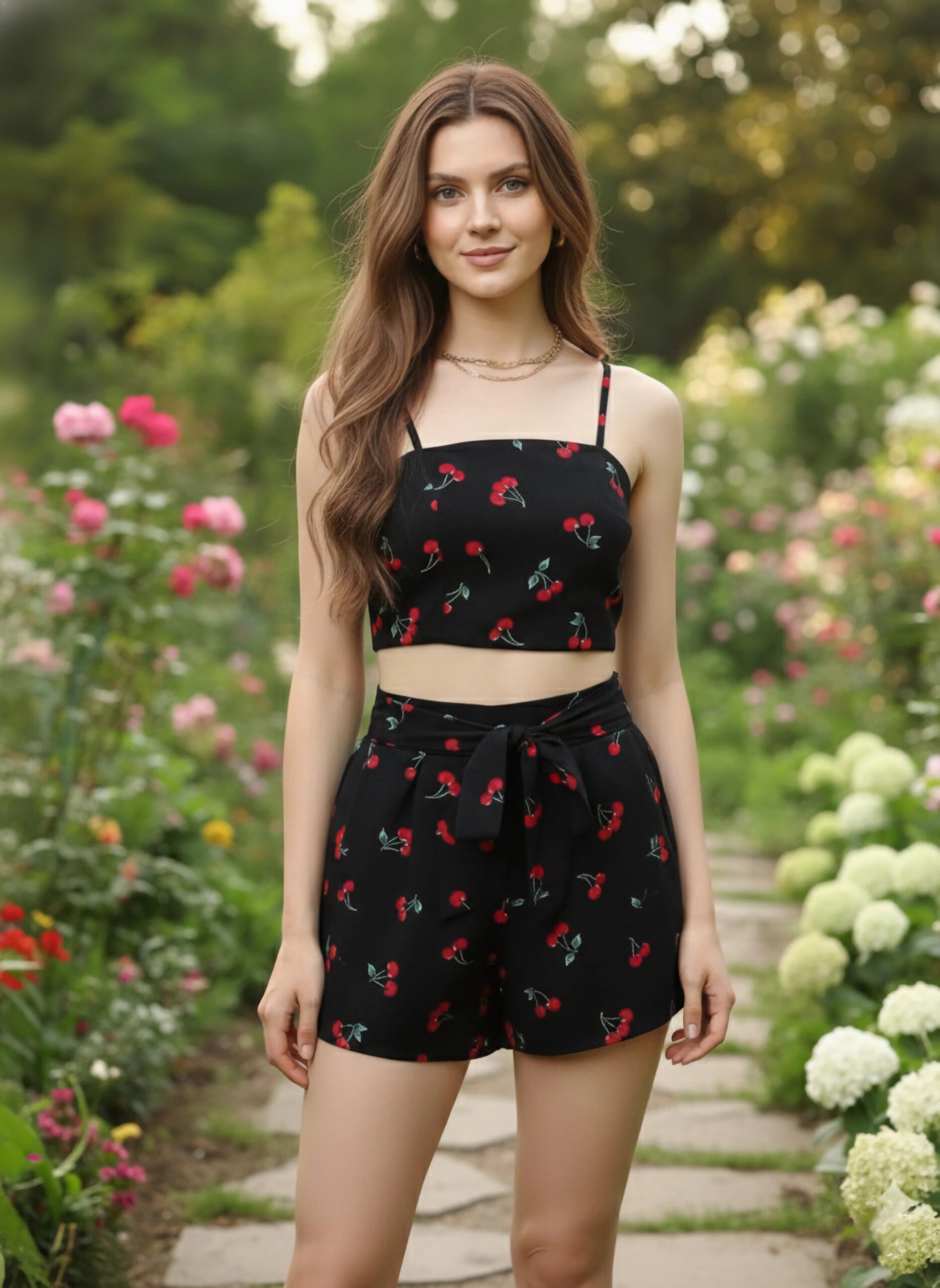 Berrylush Women Black & Red Cherry Printed Square Neck Crop Top & Tie-Up Front Shorts With Shrug - Image 5