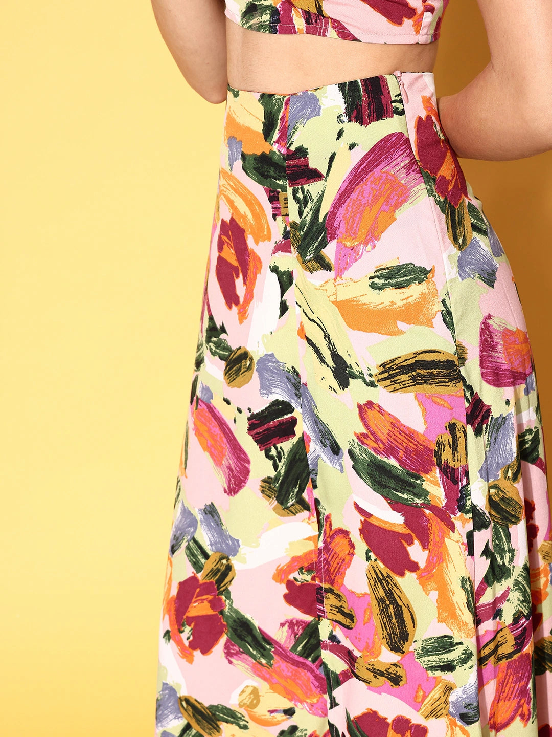 Berrylush Women Pink Abstract Printed One-Shoulder Neck Thigh-High Slit Maxi Co-Ordinate Set - Image 5