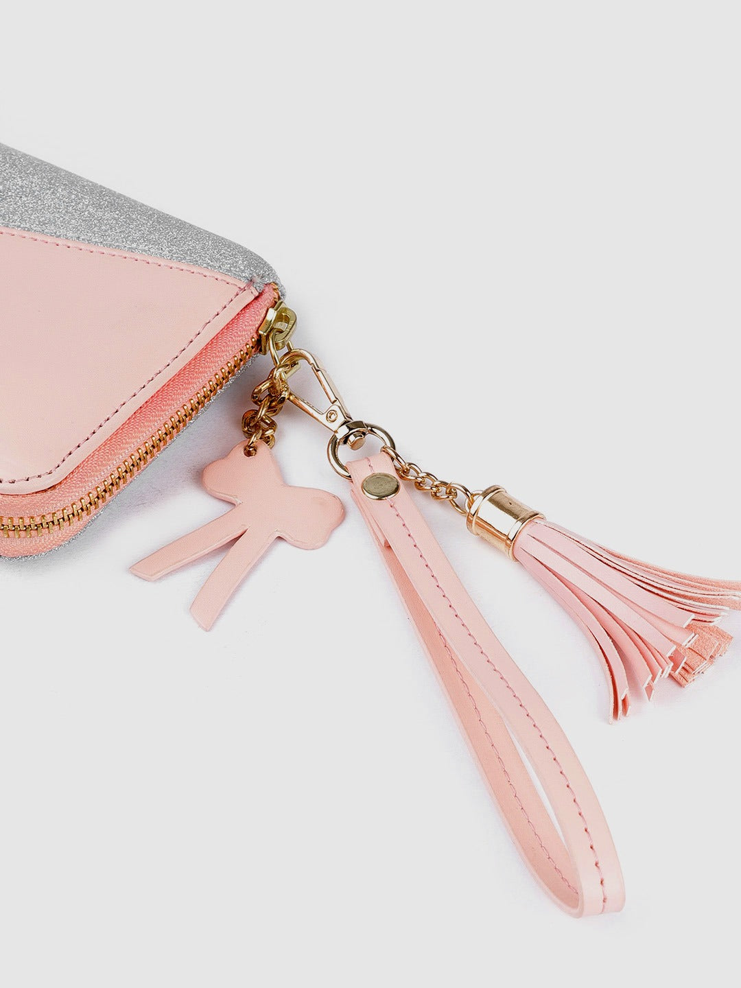 Women Pink & Silver Colourblocked Pattern PU Zipper Tasselled Around Long Wallet - Image 6