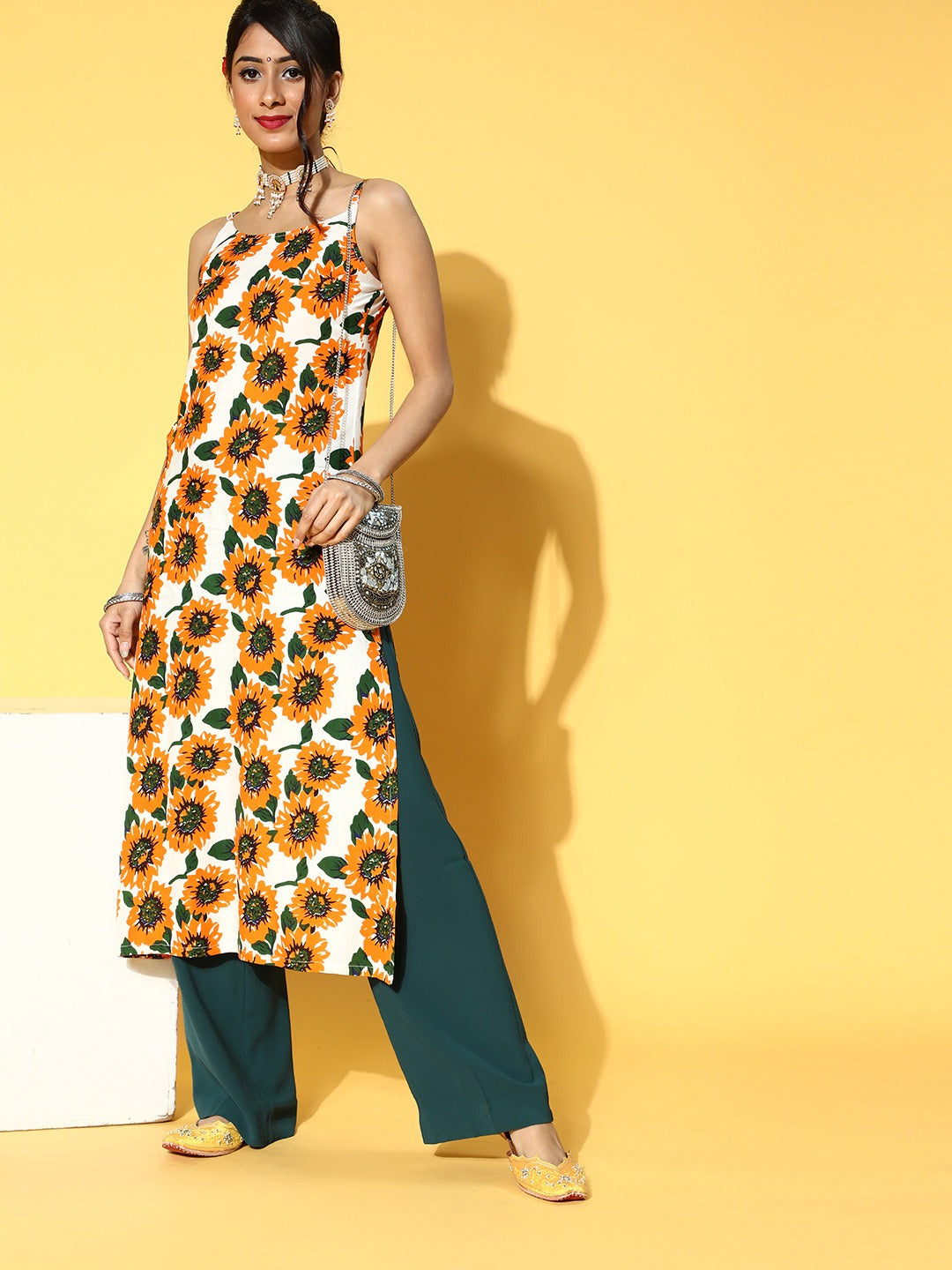 Berrylush Women White & Mustard Yellow Sunflower Printed Round Neck Side-Slit Calf Length Kurta - Image 5