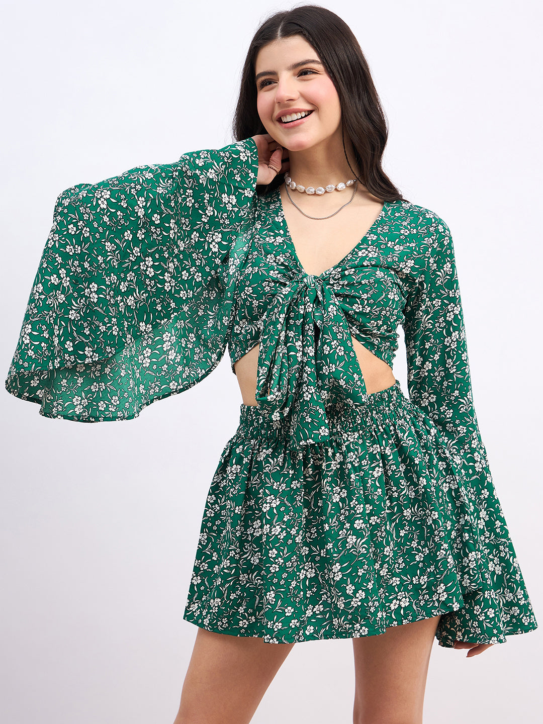 Green & White Floral Printed V-Neck Bell Sleeves Front Tie-Up Cropped Top & High-Rise Elastic Waist Flared Mini Skirt Co-Ord Set - Image 6